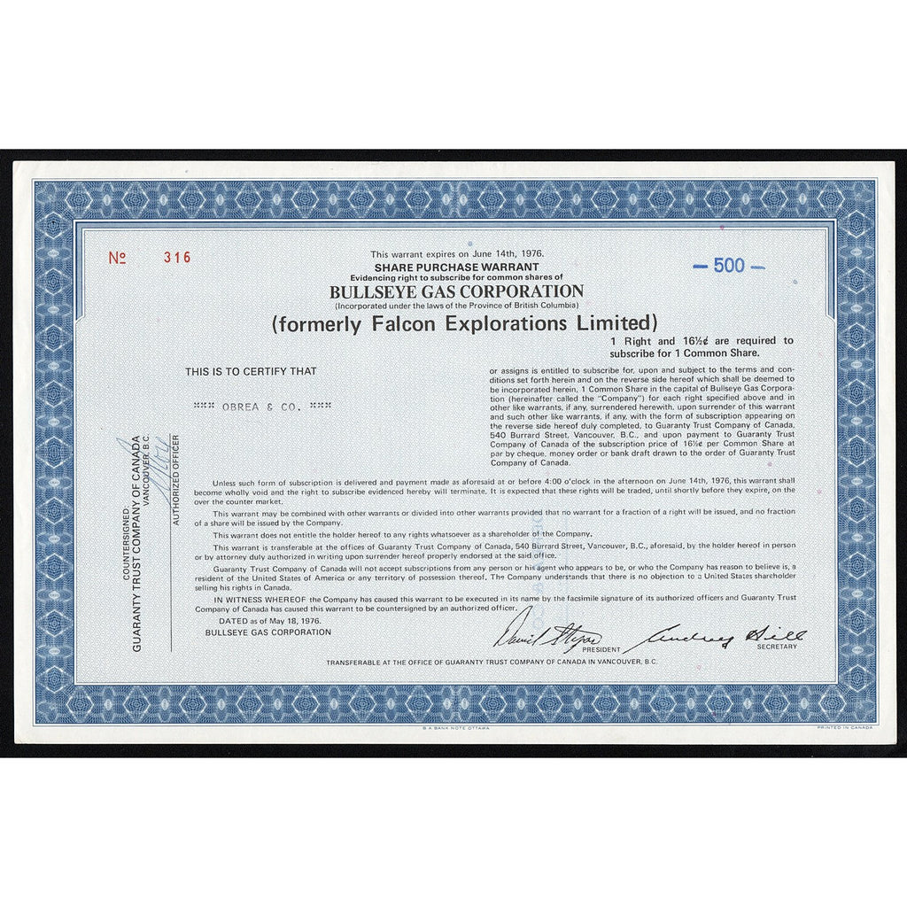 Bullseye Gas Corporation (formerly Falcon Explorations Limited) Canada Stock Certificate