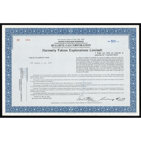 Bullseye Gas Corporation (formerly Falcon Explorations Limited) Canada Stock Certificate