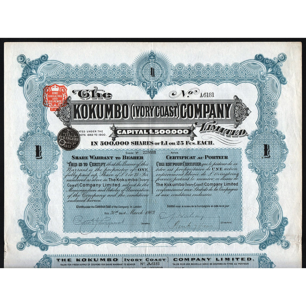 The Kokumbo (Ivory Coast) Company Limited 1903 Stock Certificate