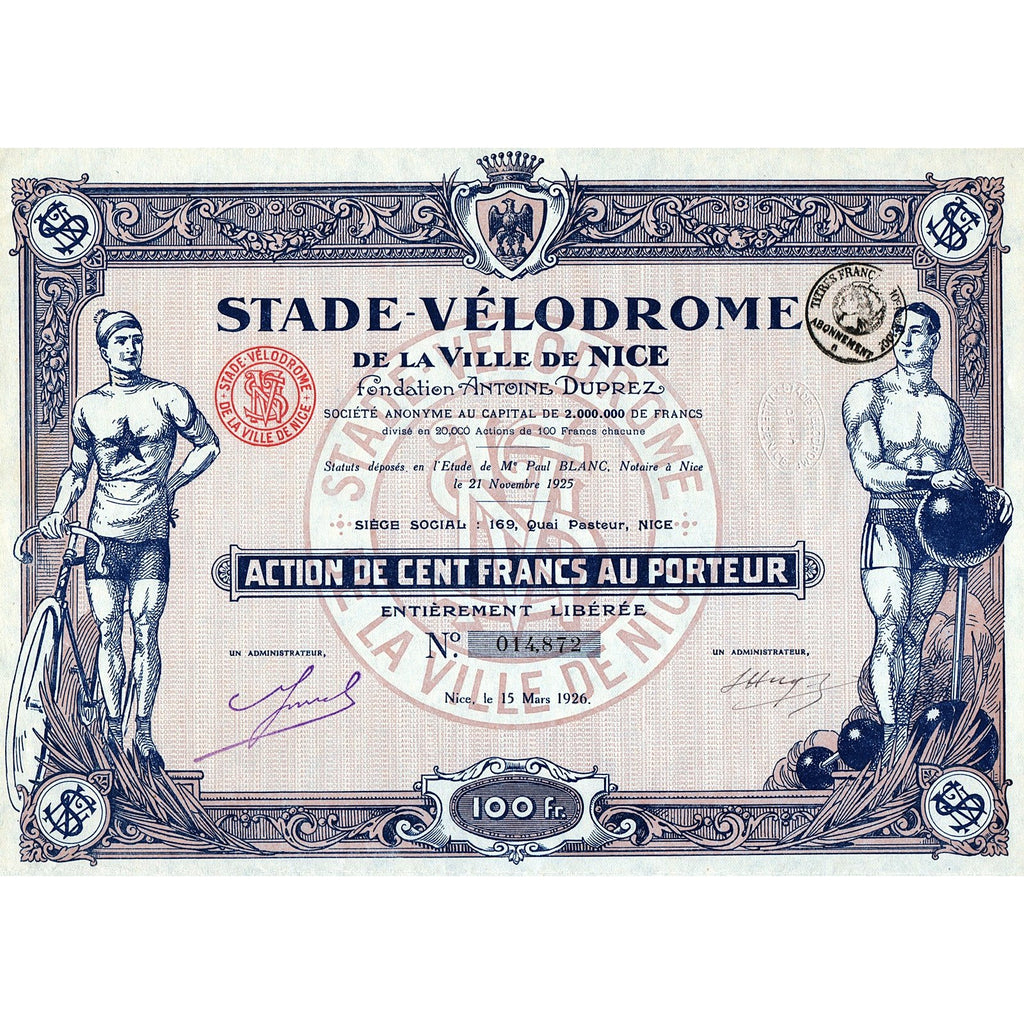 Stade-Velodrome de la Ville de Nice France 1926 Stock Certificate