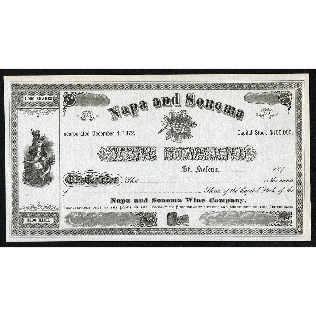 Napa and Sonoma Wine Company St. Helena California 1870s Stock Certificate