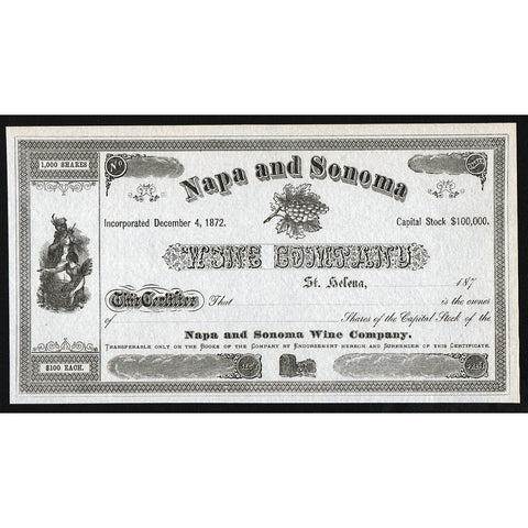Napa and Sonoma Wine Company St. Helena California 1870s Stock Certificate