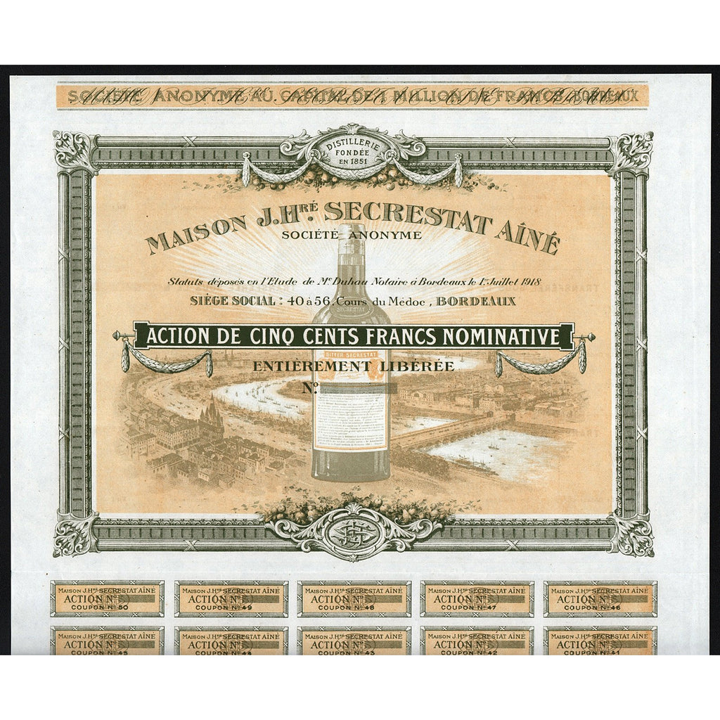 Maison J. Hre. Secrestat Aine 1918 France Vineyard Stock Certificate