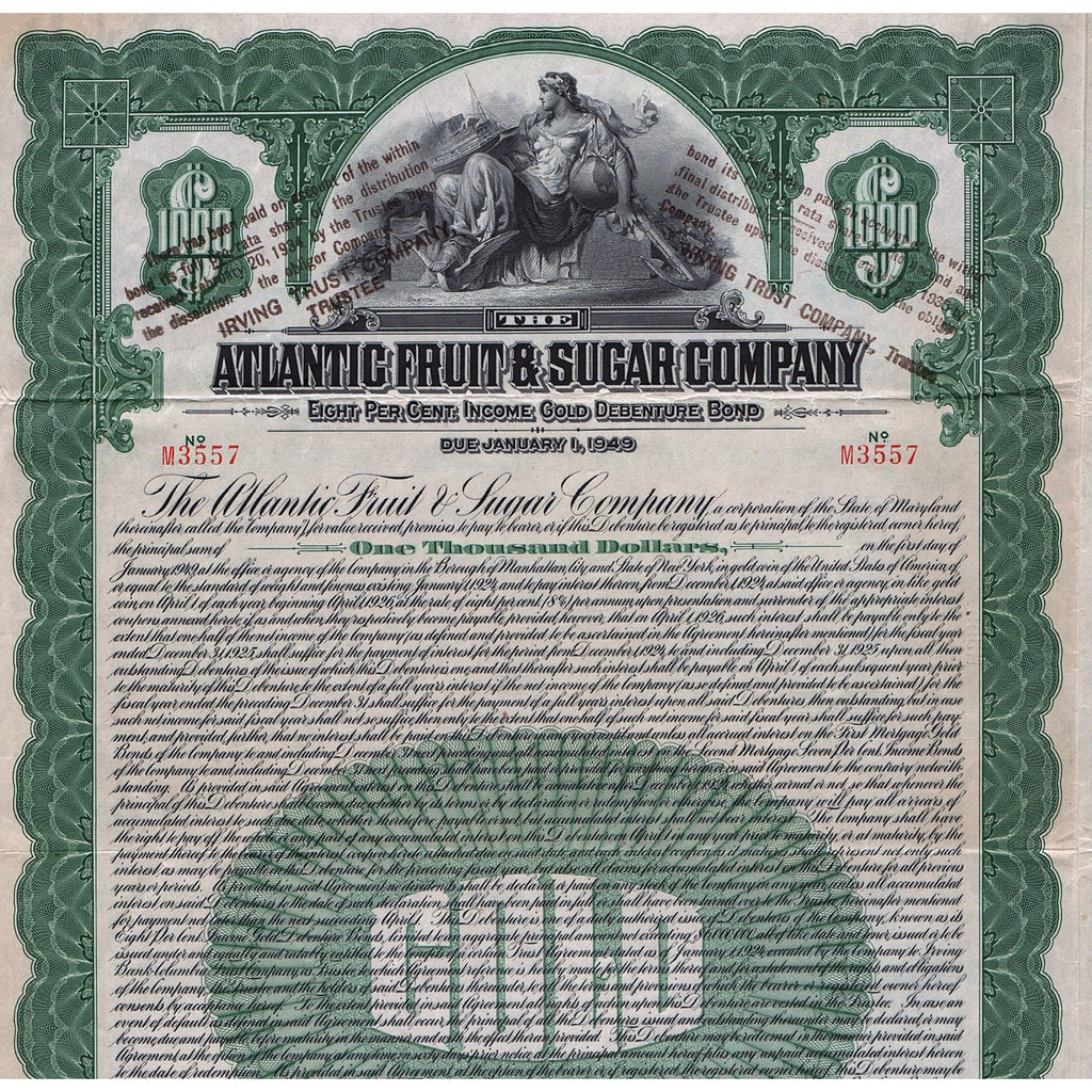 The Atlantic Fruit & Sugar Company 1924 Maryland Gold Bond Certificate