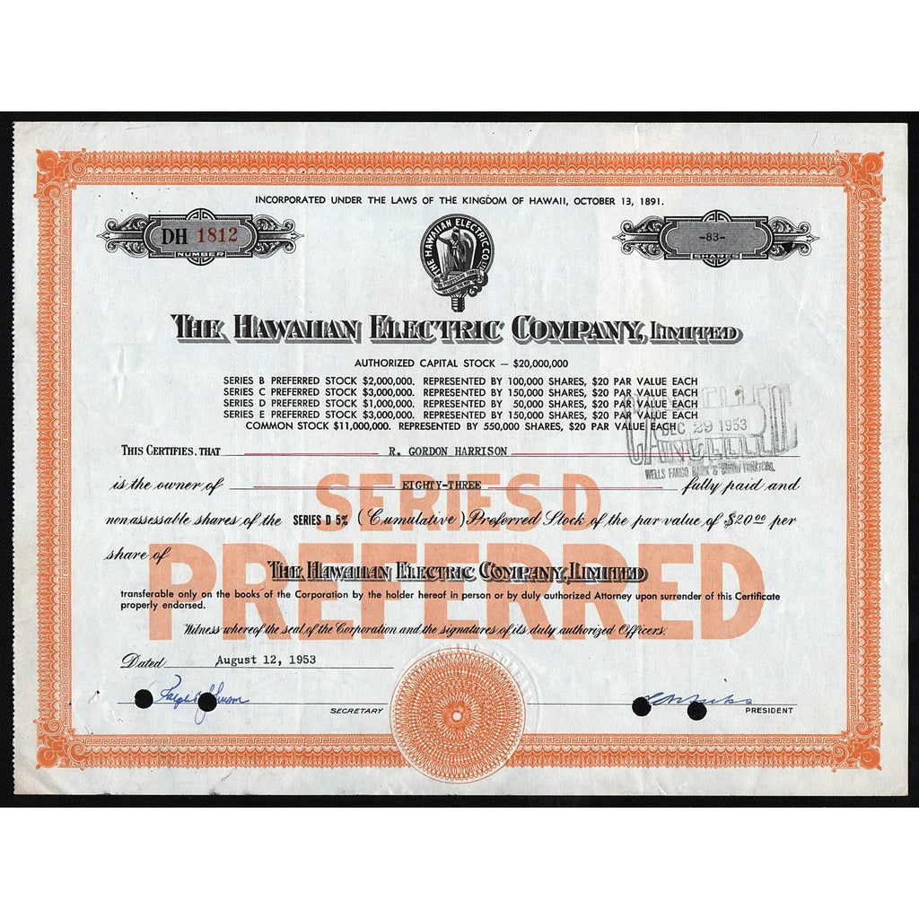The Hawaiian Electric Company, Limited Hawaii Stock Certificate