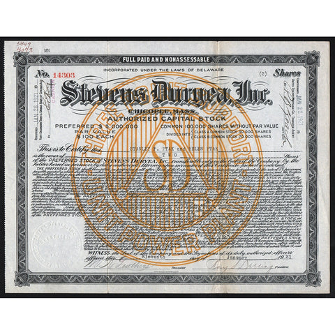 Stevens Duryea, Inc., Chicopee, Mass. 1921 Automobiles Stock Certificate