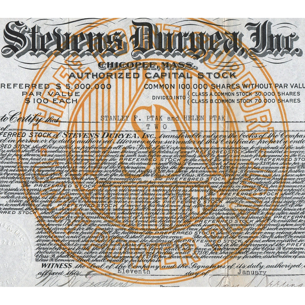 Stevens Duryea, Inc., Chicopee, Mass. 1921 Automotive Stock Certificate