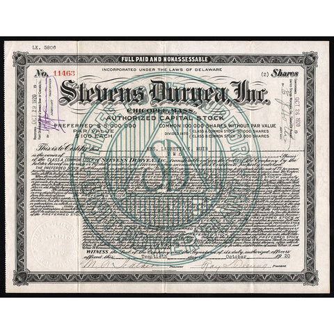 Stevens Duryea, Inc., Chicopee, Mass. 1920 Automobiles Stock Certificate