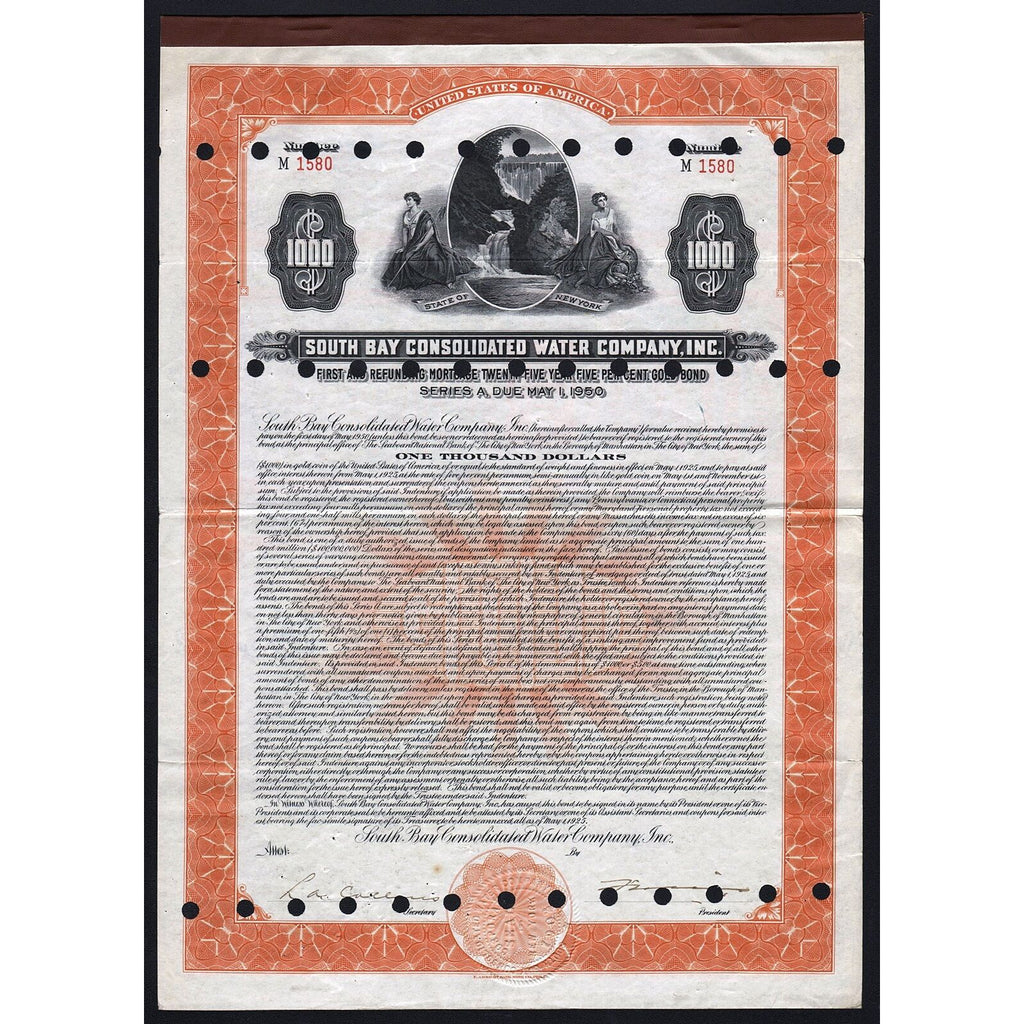 South Bay Consolidated Water Company New York 1925 Gold Bond Certificate