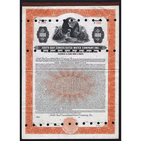 South Bay Consolidated Water Company New York 1925 Gold Bond Certificate