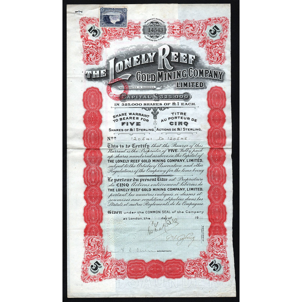 The Lonely Reef Gold Mining Company 1932 Rhodesia Stock Certificate