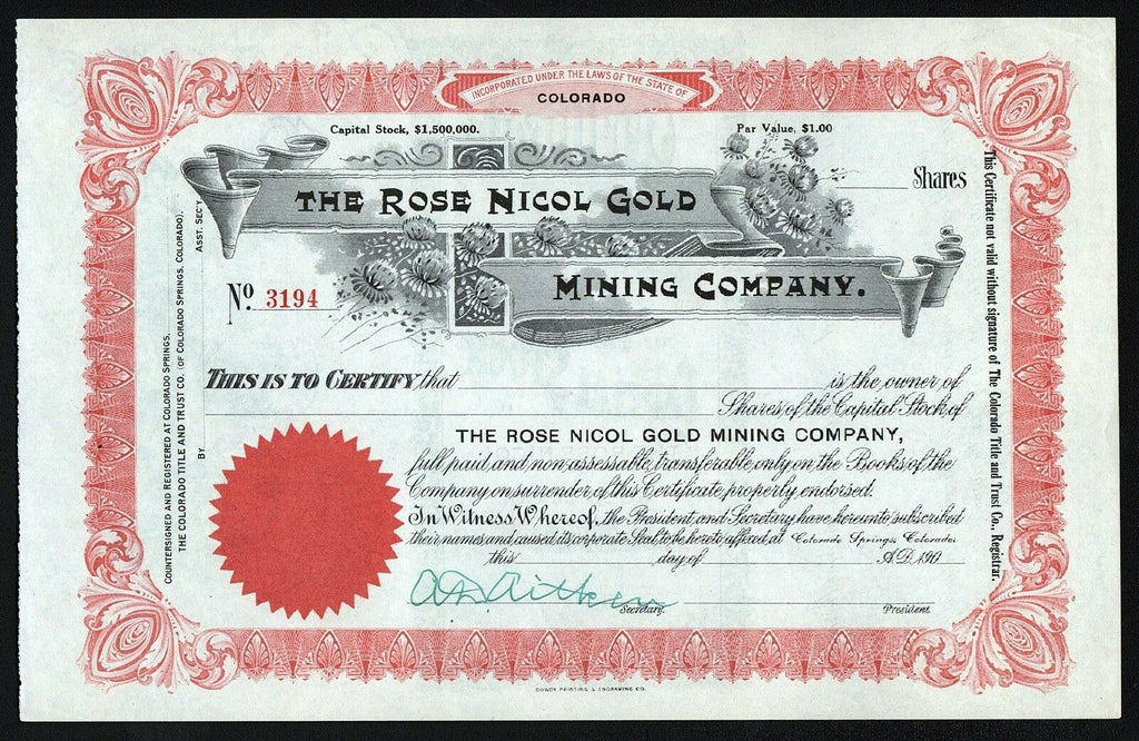 The Rose Nicol Gold Mining Company Colorado Stock Certificate