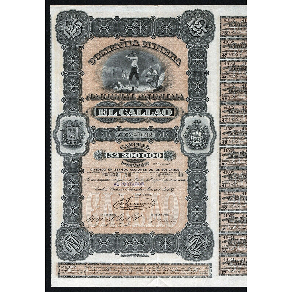 Compania Minera Nacional Anonima "El Callao" 1887 Venezuela Stock Certificate
