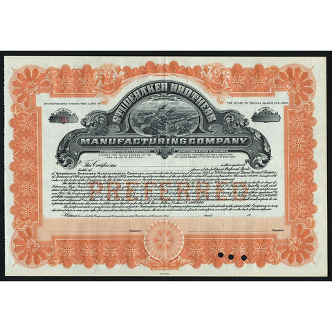 Studebaker Brothers Manufacturing Company Indiana Stock Certificate