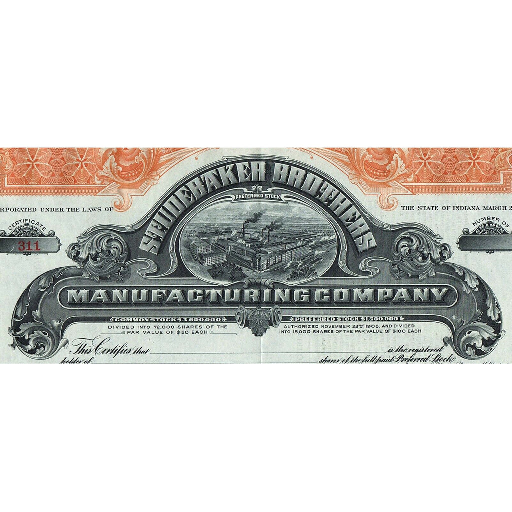 Studebaker Brothers Manufacturing Company Indiana Stock Certificate