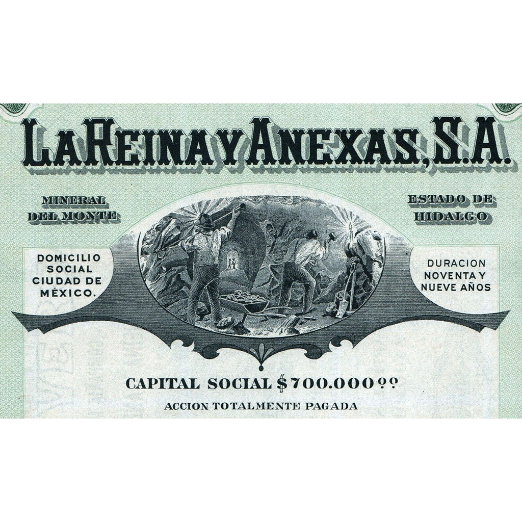 Compania Minera La Reina Y Anexas Mexico 1913 Stock Certificate