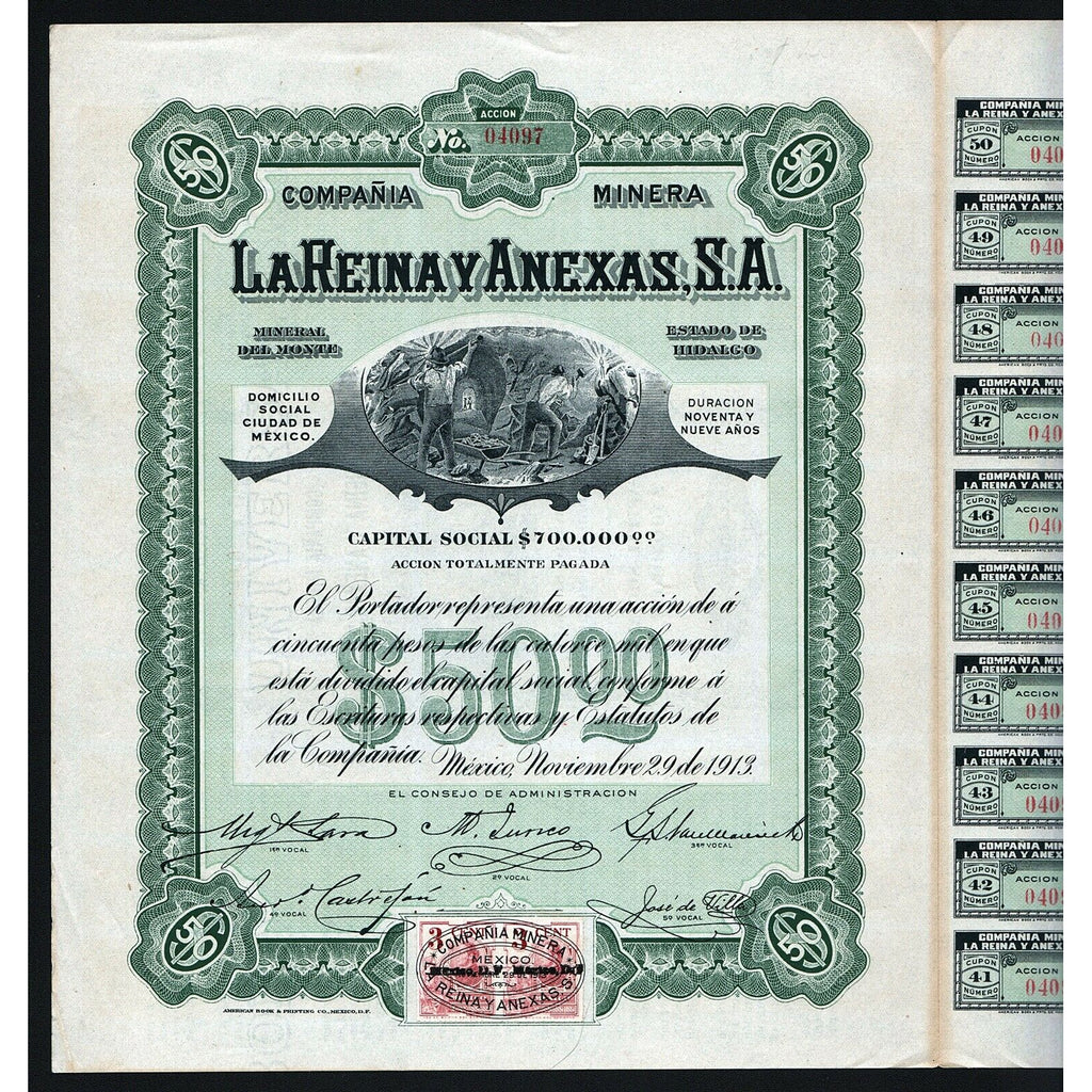 Compania Minera La Reina Y Anexas S.A. Mexico Stock Certificate