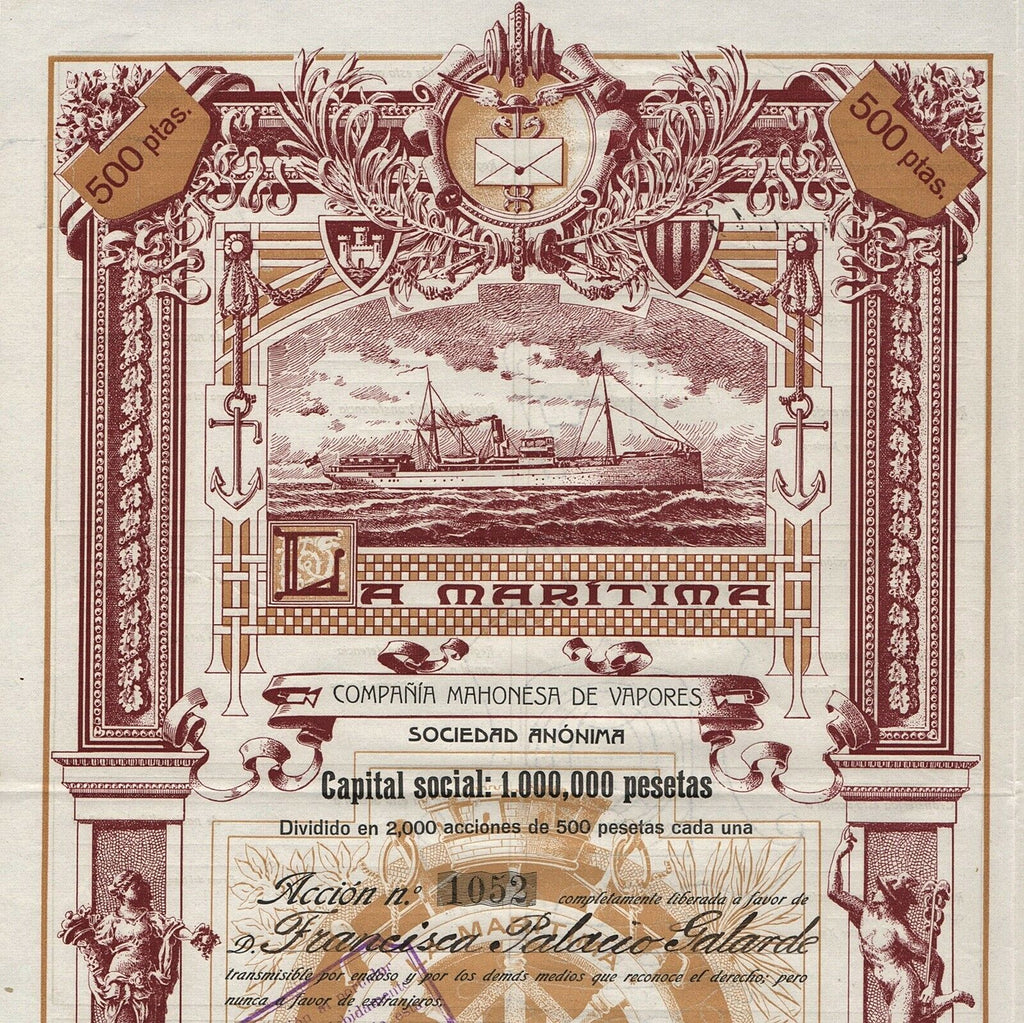 La Maritima, Compania Mahonesa de Vapores S.A. Spain 1912 Stock Certificate