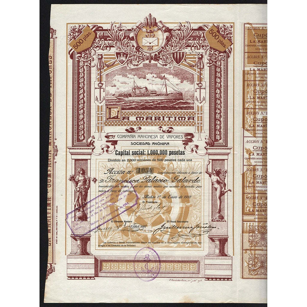 La Maritima, Mahonesa de Vapores S.A. Spain 1912 Stock Certificate