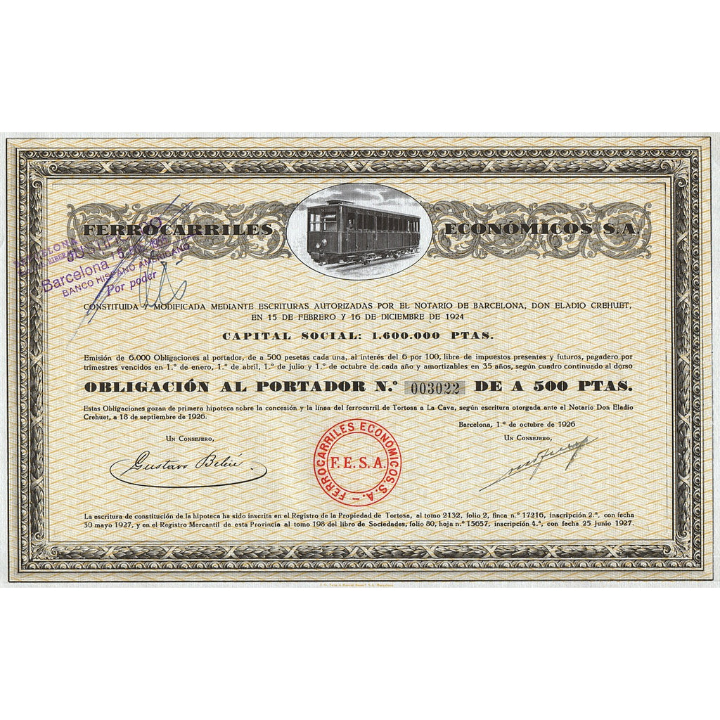 Ferrocarriles Economicos S.A. Barcelona Spain 1926 Stock Certificate