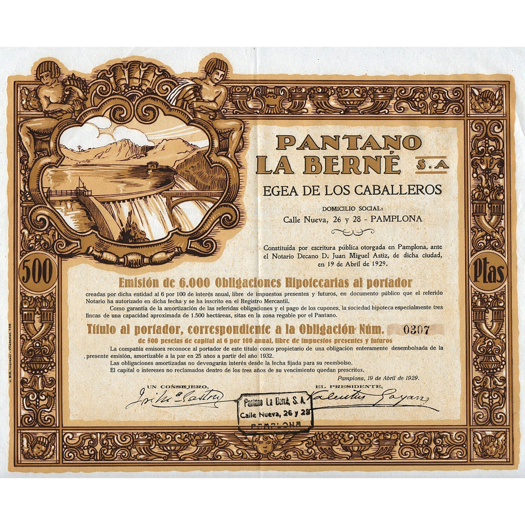 Pantano La Berne, Egea de los Caballeros Pamplona Spain 1929 Stock Certificate
