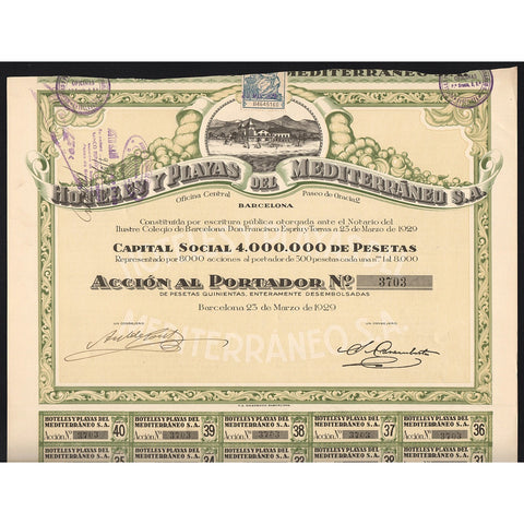 Hoteles y Playas del Mediterraneo S.A. Barcelona Spain 1920 Stock Certificate