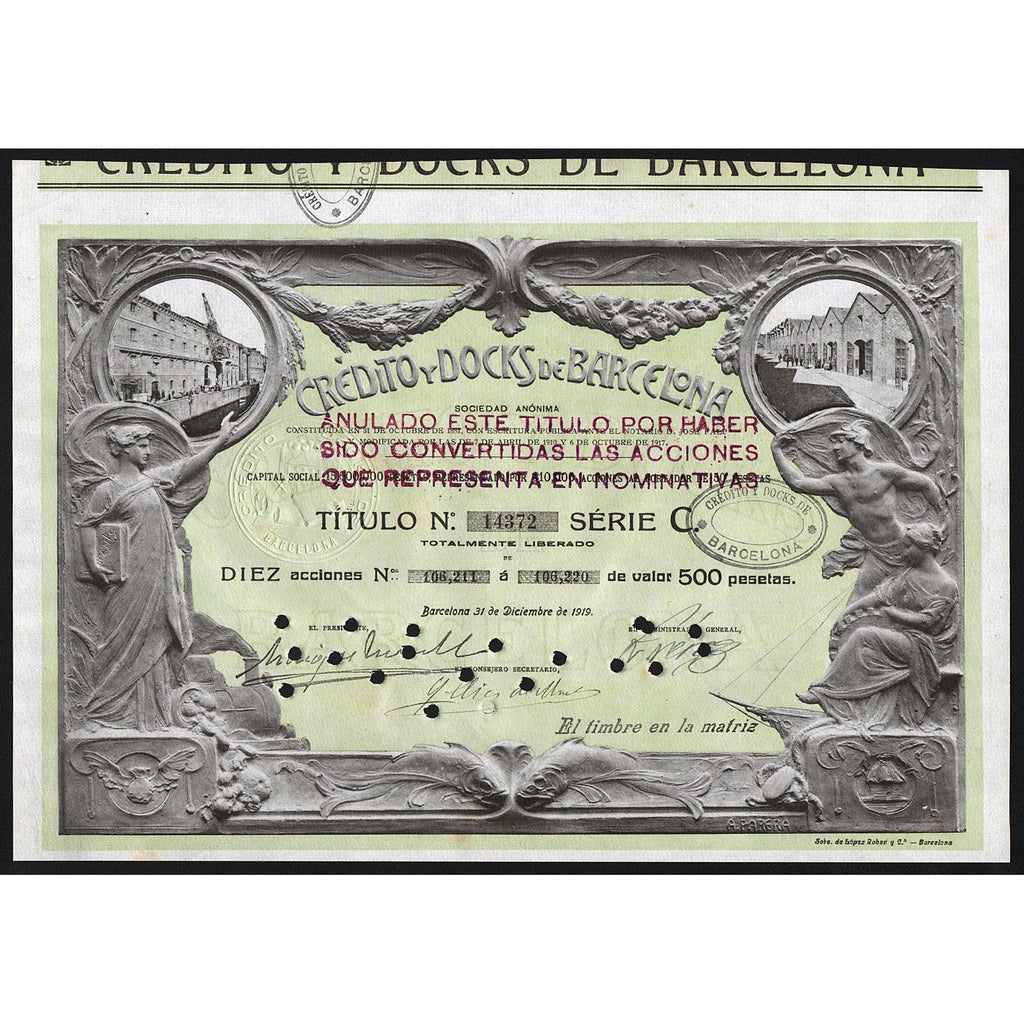 Credito y Docks de Barcelona Barcelona Spain 1919 Stock Certificate