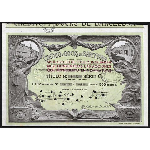 Credito y Docks de Barcelona Barcelona Spain 1919 Stock Certificate