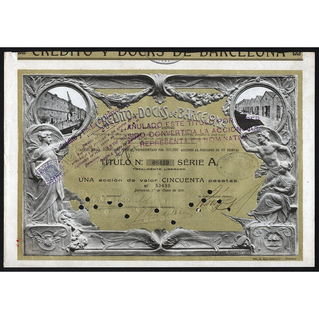 Credito y Docks de Barcelona Sociedad Anonima Spain 1919 Stock Certificate