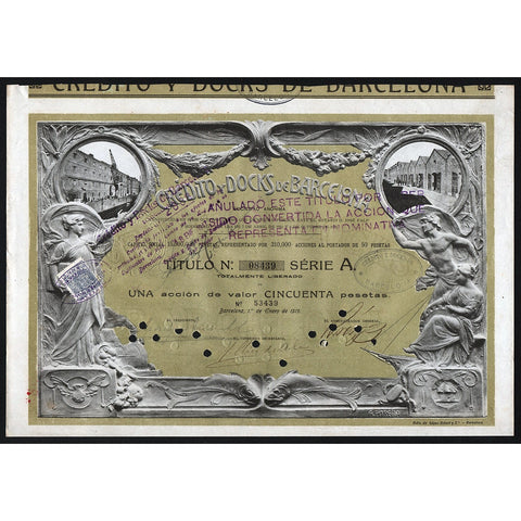 Credito y Docks de Barcelona Sociedad Anonima Spain 1919 Stock Certificate