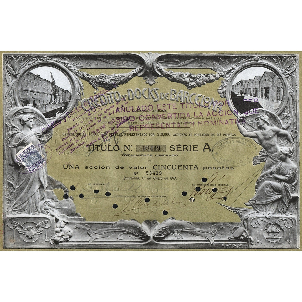 Credito y Docks de Barcelona Spain 1919 Stock Certificate