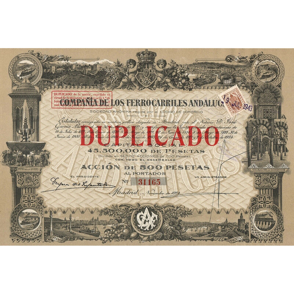 Ferrocarriles Andaluces Madrid Spain 1924 Stock Certificate