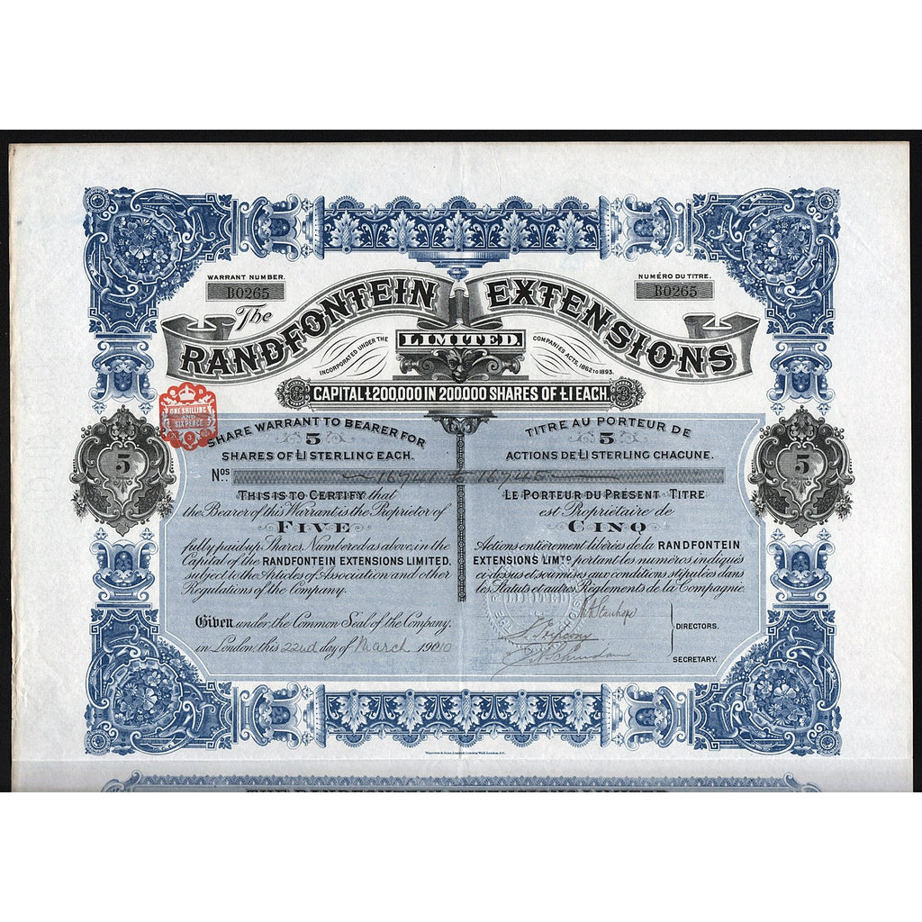 Randfontein Extensions Limited South Africa 1910 Stock Certificate