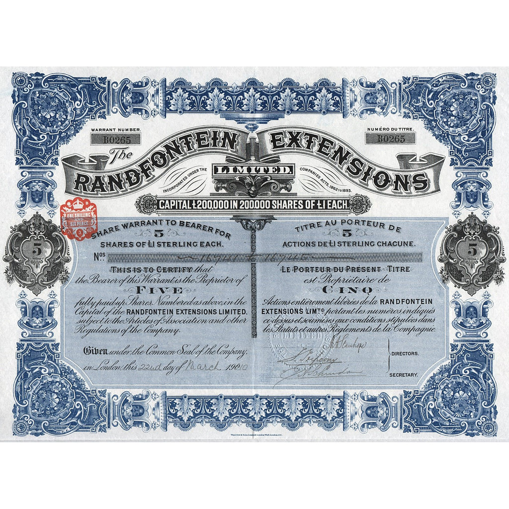 Randfontein Extensions South Africa 1910 Stock Certificate