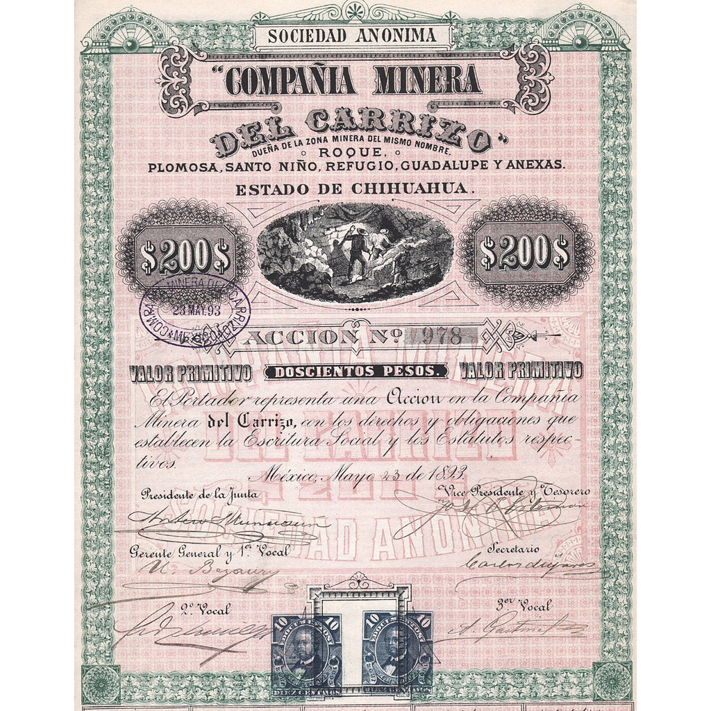 Compania Minera Del Carrizo 1893 Chihuahua Mexico Stock Certificate