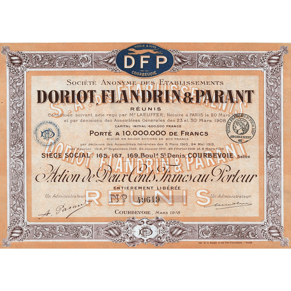 Doriot, Flandrin & Parant 1918 Courbevoie France Stock Certificate