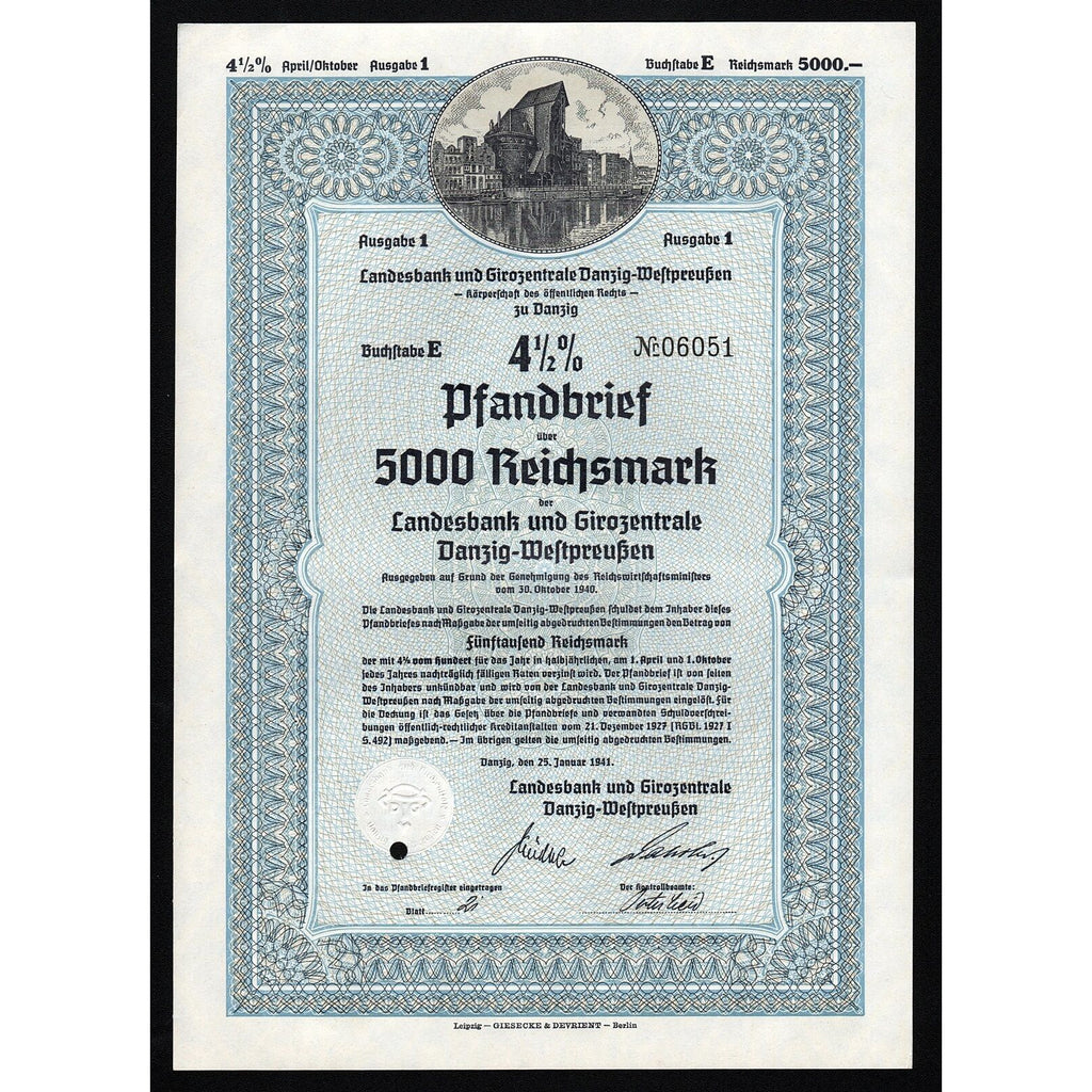 Landesbank und Girozentrale Danzig-Westpreussen 1941 Gdansk Poland Stock Certificate
