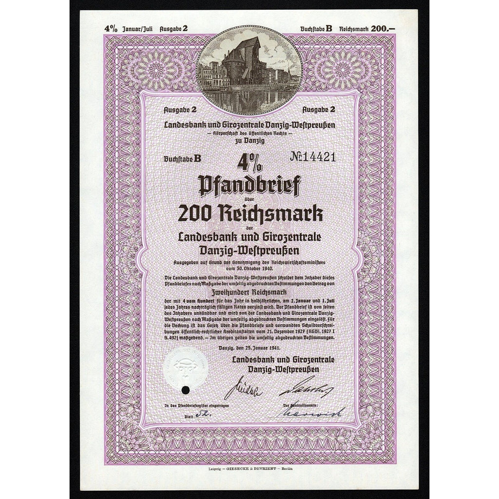 Landesbank und Girozentrale Danzig-Westpreussen 1941 Gdansk Poland Stock Certificate