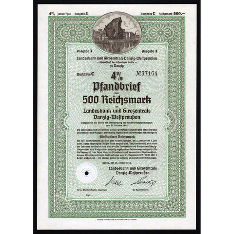 Landesbank und Girozentrale Danzig-Westpreussen 1941 Gdansk Poland Stock Certificate