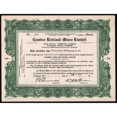Cambro Kirkland Mines Limited Ontario Mining Stock Certificate