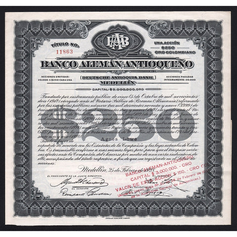 Banco Aleman Antioqueno Deutsche Antioquia Bank Colombia 1928 Gold Bond Certificate