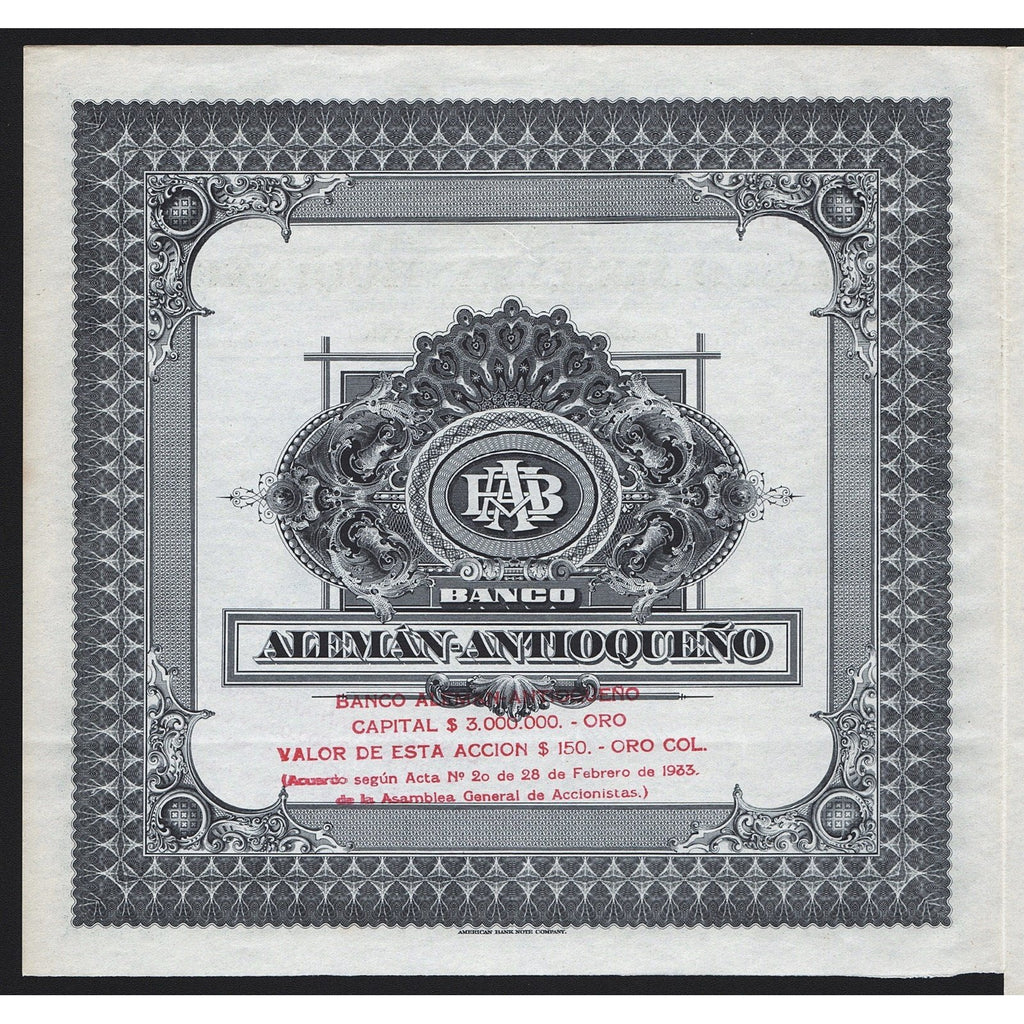 Banco Aleman Antioqueno Deutsche Antioquia Bank Colombia 1928 Gold Bond Certificate