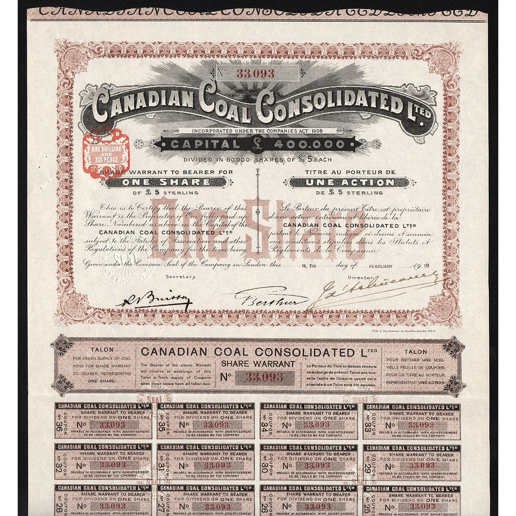 Canadian Coal Consolidated Lted. 1910 Canada Warrant Stock Certificate