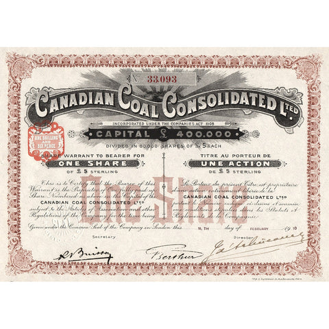 Canadian Coal Consolidated Lted. 1910 Canada Warrant Stock Certificate