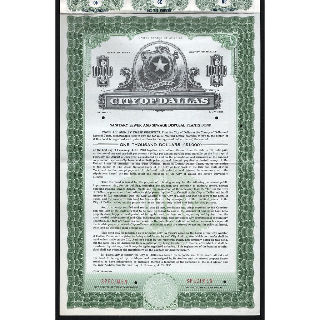City of Dallas (Specimen) Texas 1950 Bond Certificate