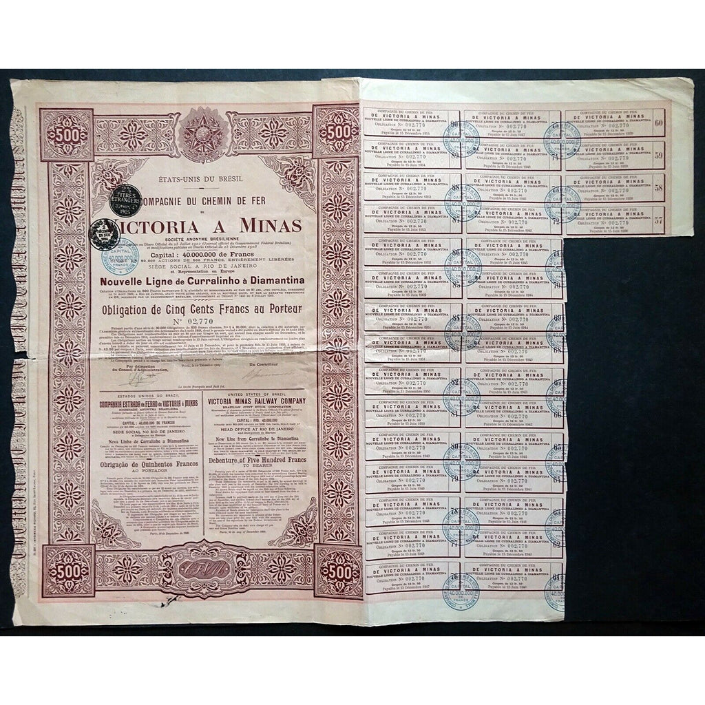 Victoria Minas Railway Company 1900 Brazil Stock Bond Certificate