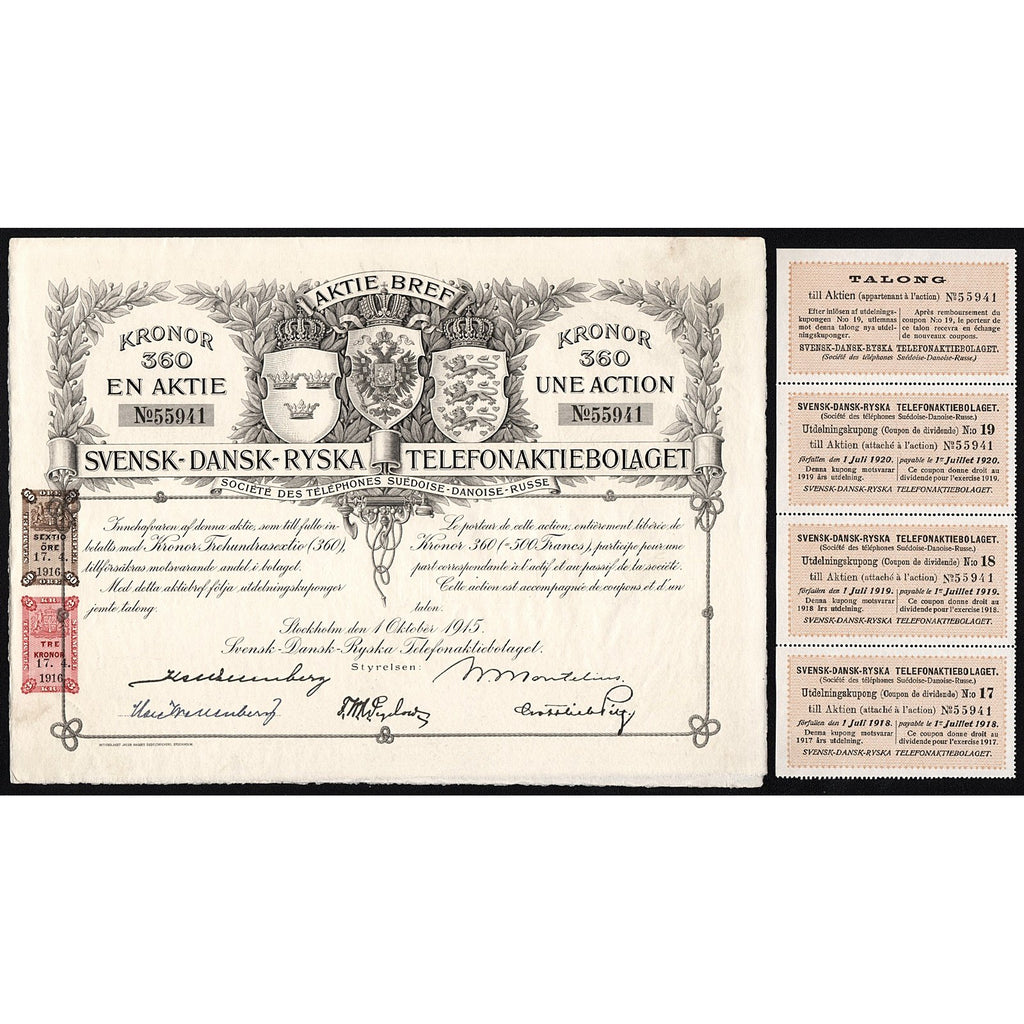 Svensk-Dansk-Ryska Telefonaktiebolaget 1915 Sweden Stock Certificate