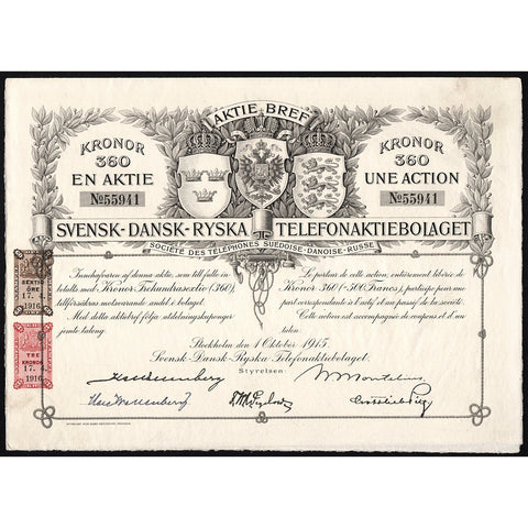 Svensk-Dansk-Ryska Telefonaktiebolaget 1915 Sweden Stock Certificate