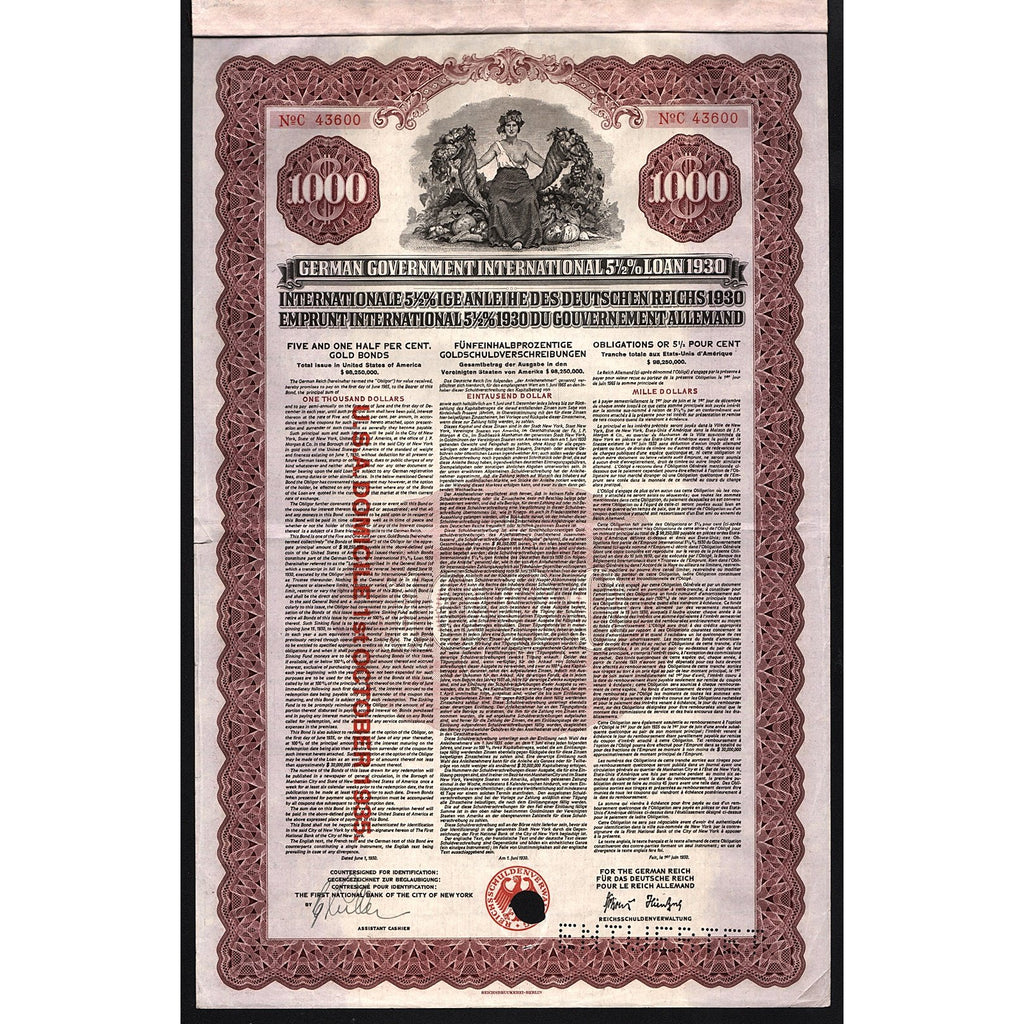 German Government International Loan 1930 Germany $1000 Bond Certificate