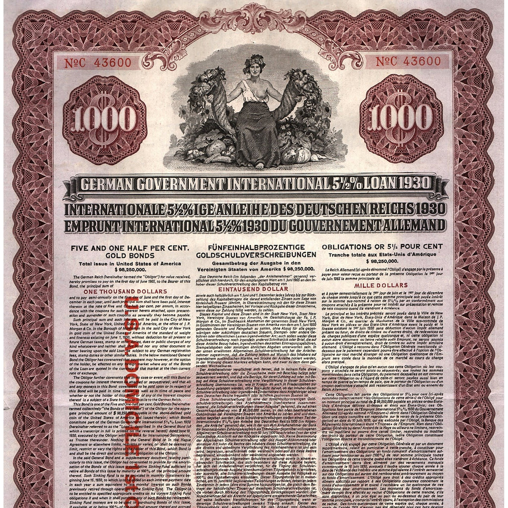 German Government International Loan 1930 $1000 Bond Certificate